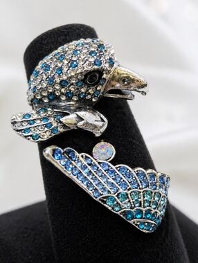 2 Silver-Tone Blue Crystal Bird Wrap Ring - Women's Fashion Jewelry